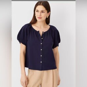 NWT Ann Taylor Navy Bubble Sleeve Top Size Large
